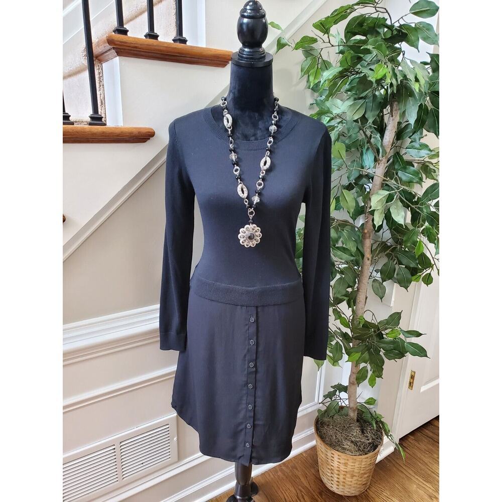 Loft Women's Black Polyester Round Neck Long Sleeve Knee Length Dress Size Small